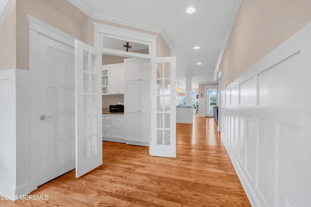 3 Sunset Dr, Asbury Park, NJ 07712 - hallway featuring french doors, crown molding, light wood finished floors, and recessed lighting