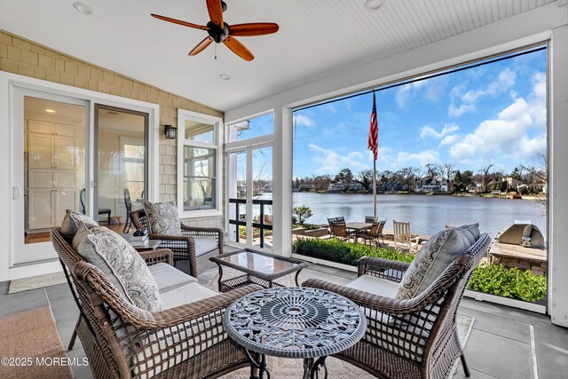 3 Sunset Dr, Asbury Park, NJ 07712 - sunroom featuring a water view, vaulted ceiling, and ceiling fan