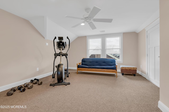 3 Sunset Dr, Asbury Park, NJ 07712 - workout room with carpet, lofted ceiling, ceiling fan, and baseboards