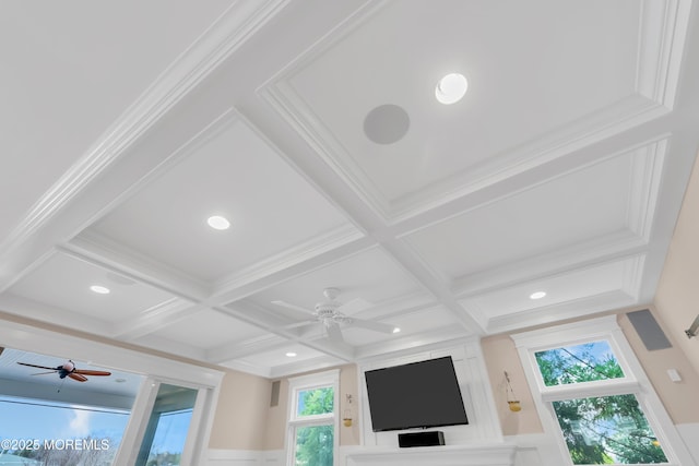 3 Sunset Dr, Asbury Park, NJ 07712 - detailed view of ceiling fan, coffered ceiling, beam ceiling, and recessed lighting