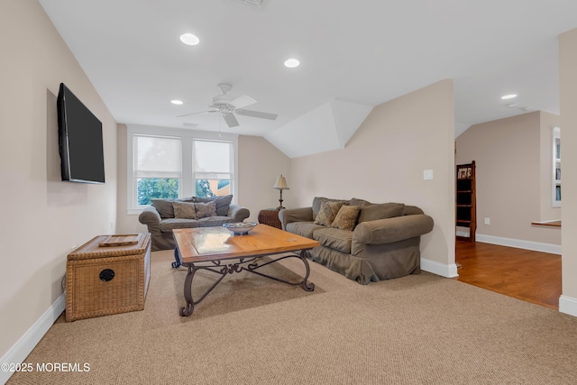 3 Sunset Dr, Asbury Park, NJ 07712 - living area featuring carpet floors, a ceiling fan, lofted ceiling, baseboards, and recessed lighting