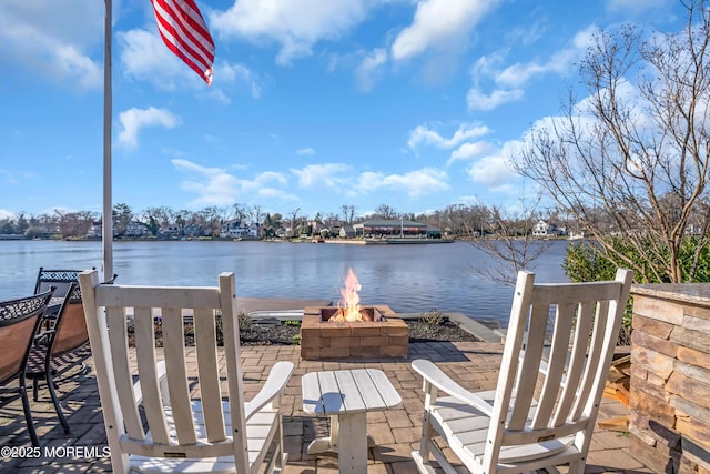 3 Sunset Dr, Asbury Park, NJ 07712 - dock area featuring an outdoor fire pit, a water view, and a patio
