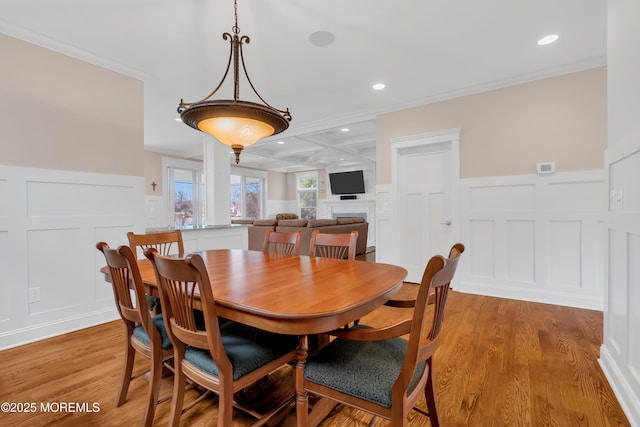 3 Sunset Dr, Asbury Park, NJ 07712 - dining room featuring a decorative wall, crown molding, recessed lighting, wainscoting, and light wood-style flooring