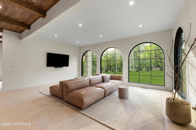 1 Preakness Way, Colts Neck, NJ 07722 - living room featuring recessed lighting, healthy amount of natural light, wood ceiling, beam ceiling, and baseboards