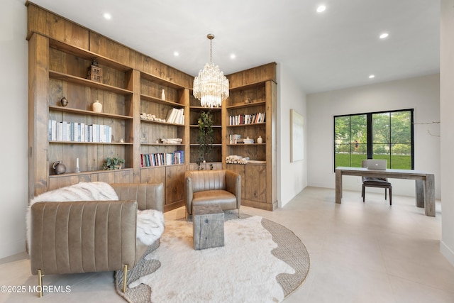 1 Preakness Way, Colts Neck, NJ 07722 - living area featuring an office area, recessed lighting, built in shelves, a chandelier, and baseboards