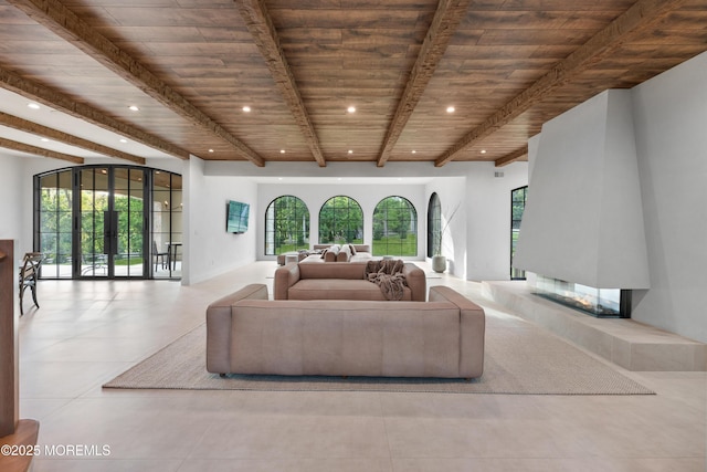 1 Preakness Way, Colts Neck, NJ 07722 - living room featuring beam ceiling, wooden ceiling, recessed lighting, and plenty of natural light