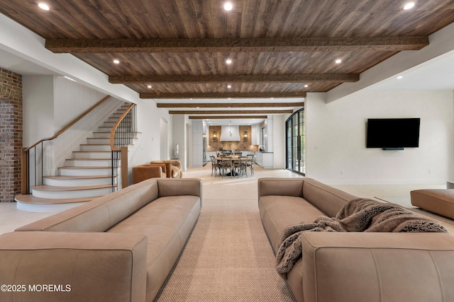 1 Preakness Way, Colts Neck, NJ 07722 - living room featuring stairs, recessed lighting, wooden ceiling, and beamed ceiling