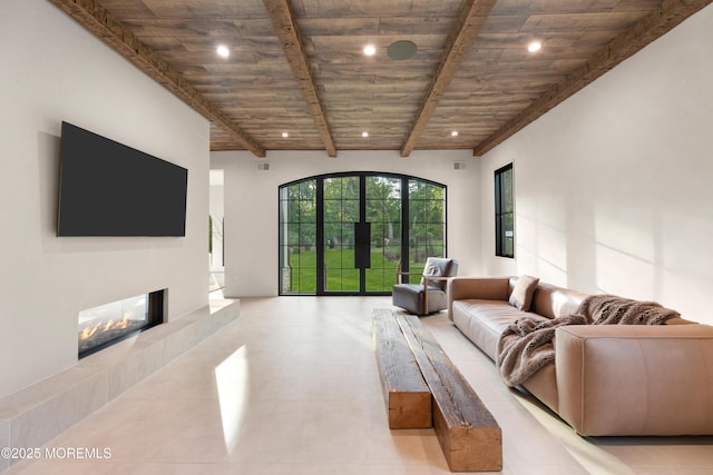 1 Preakness Way, Colts Neck, NJ 07722 - living area featuring wooden ceiling, recessed lighting, beam ceiling, and a tile fireplace