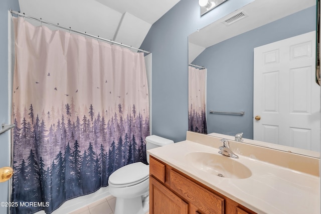 bathroom with toilet, tile patterned floors, vanity, and a shower with shower curtain