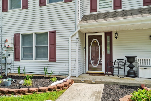 doorway to property with roof with shingles