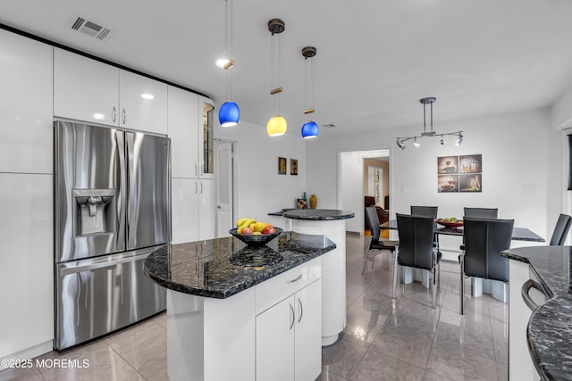 8 Eileen Ln, Marlboro, NJ 07746 - kitchen with stainless steel fridge, light marble finish floors, a kitchen island, white cabinets, and pendant lighting