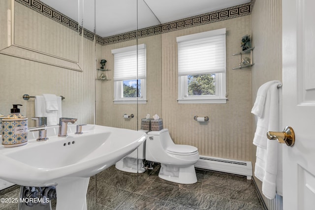 8 Eileen Ln, Marlboro, NJ 07746 - bathroom featuring baseboard heating, toilet, wallpapered walls, and a sink