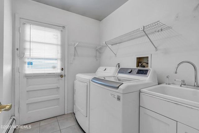 8 Eileen Ln, Marlboro, NJ 07746 - laundry room featuring independent washer and dryer, a baseboard radiator, and light tile patterned floors