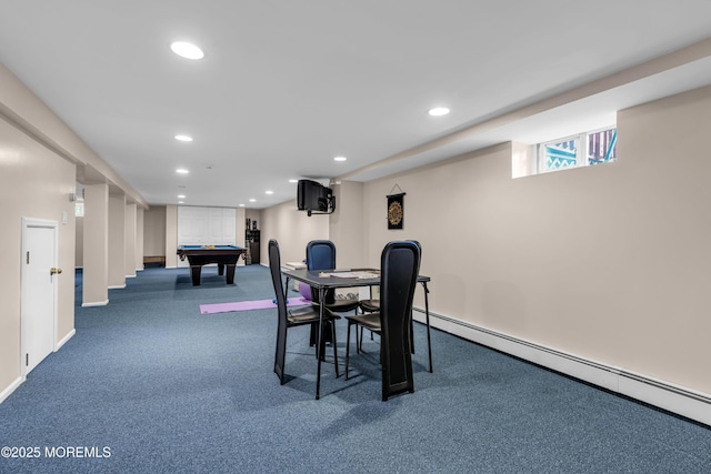 8 Eileen Ln, Marlboro, NJ 07746 - dining area with recessed lighting, dark colored carpet, baseboard heating, baseboards, and billiards table