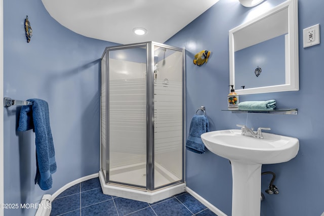 8 Eileen Ln, Marlboro, NJ 07746 - bathroom with a stall shower, tile patterned flooring, and baseboards