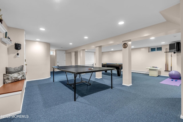8 Eileen Ln, Marlboro, NJ 07746 - rec room featuring baseboard heating, carpet flooring, pool table, recessed lighting, and baseboards
