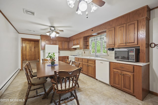 624 Lloyd Rd, Aberdeen, NJ 07747 - kitchen with a baseboard radiator, white appliances, ceiling fan, a sink, and under cabinet range hood
