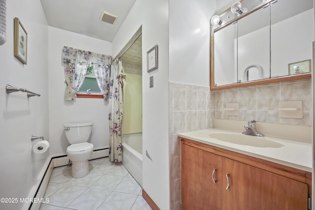 624 Lloyd Rd, Aberdeen, NJ 07747 - bathroom with toilet, a baseboard radiator, tile patterned floors, vanity, and shower / bathtub combination with curtain