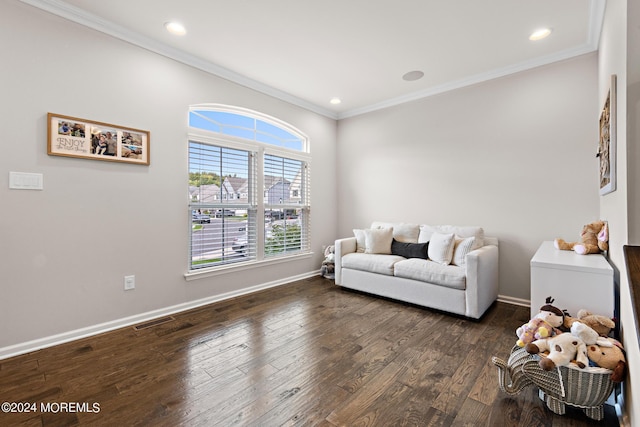 22 Imlay Ln, Farmingdale, NJ 07727 - living room featuring crown molding, dark wood-type flooring, baseboards, and recessed lighting