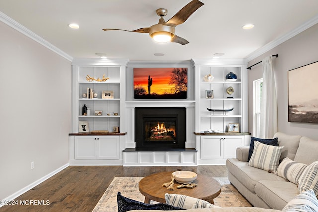 22 Imlay Ln, Farmingdale, NJ 07727 - living room with crown molding, a glass covered fireplace, ceiling fan, dark wood-style floors, and baseboards