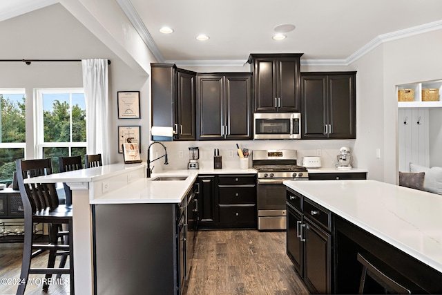 22 Imlay Ln, Farmingdale, NJ 07727 - kitchen with stainless steel appliances, a sink, ornamental molding, dark wood-style floors, and a kitchen breakfast bar