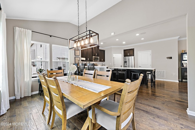 22 Imlay Ln, Farmingdale, NJ 07727 - dining space with crown molding, lofted ceiling, dark wood finished floors, recessed lighting, and baseboards