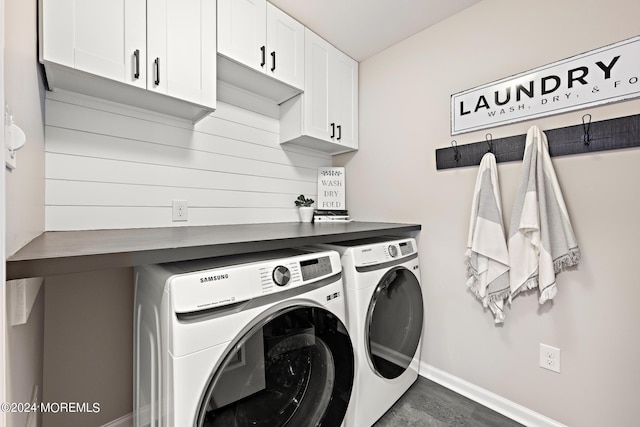22 Imlay Ln, Farmingdale, NJ 07727 - clothes washing area with washer and clothes dryer, cabinet space, baseboards, and wood finished floors