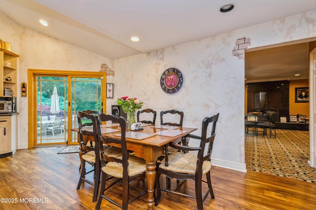 5 Stone Ln, Marlboro, NJ 07746 - dining area featuring wood finished floors, vaulted ceiling, recessed lighting, and baseboards