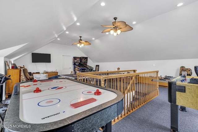 recreation room featuring ceiling fan, recessed lighting, lofted ceiling, and carpet