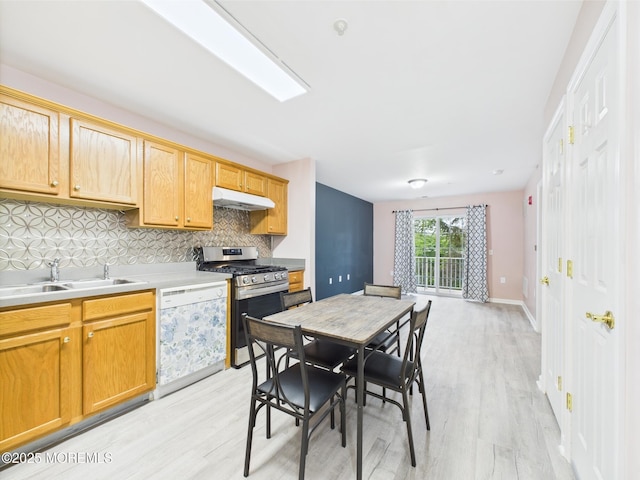 183 Liddle Ave, Edison, NJ 08837 - kitchen featuring stainless steel gas range, white dishwasher, under cabinet range hood, light wood-type flooring, and decorative backsplash