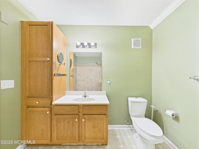183 Liddle Ave, Edison, NJ 08837 - bathroom featuring baseboards, toilet, tiled shower, vanity, and ornamental molding