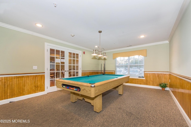 183 Liddle Ave, Edison, NJ 08837 - recreation room with french doors, a wainscoted wall, carpet, ornamental molding, and wood walls