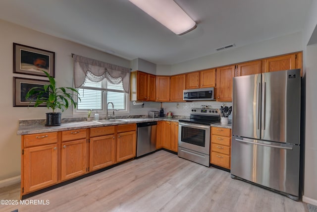 4 Capewoods Rd, North Cape May, NJ 08204 - kitchen featuring appliances with stainless steel finishes, a sink, light wood-type flooring, brown cabinets, and decorative backsplash