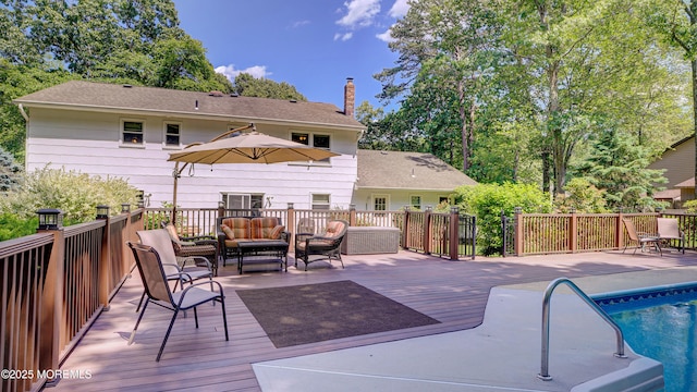 9 Toby Ter, Monroe, NJ 08831 - back of house with an outdoor hangout area, a wooden deck, a chimney, and a shingled roof