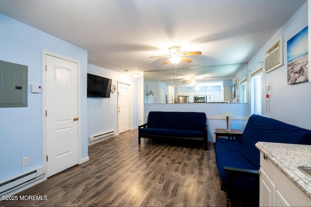 140 Hancock Ave Unit 1, Seaside Heights, NJ 08751 - living room with a baseboard heating unit, electric panel, dark wood-style flooring, and ceiling fan