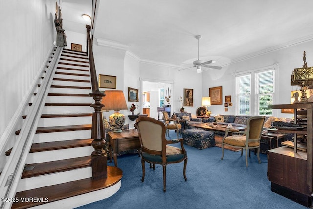 208 Ludlow Ave, Spring Lake, NJ 07762 - living room featuring carpet, stairway, ceiling fan, and ornamental molding