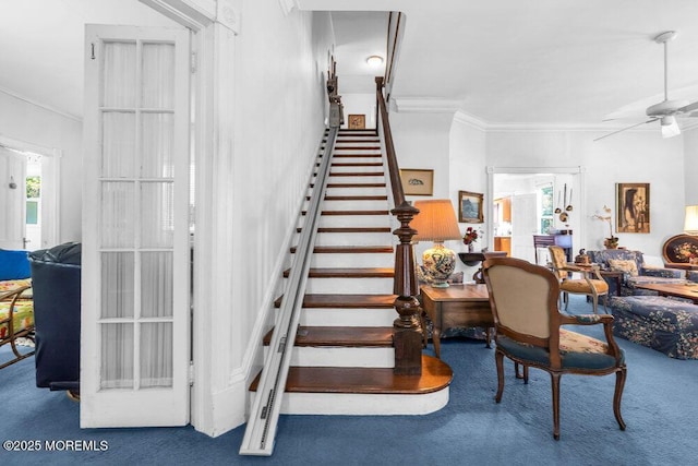 208 Ludlow Ave, Spring Lake, NJ 07762 - staircase with ornamental molding, carpet, and a ceiling fan