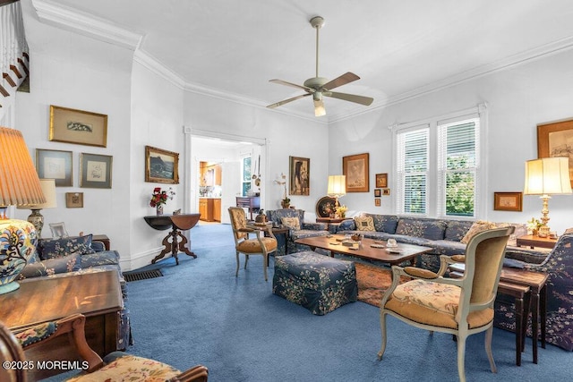 208 Ludlow Ave, Spring Lake, NJ 07762 - carpeted living area featuring ceiling fan and crown molding