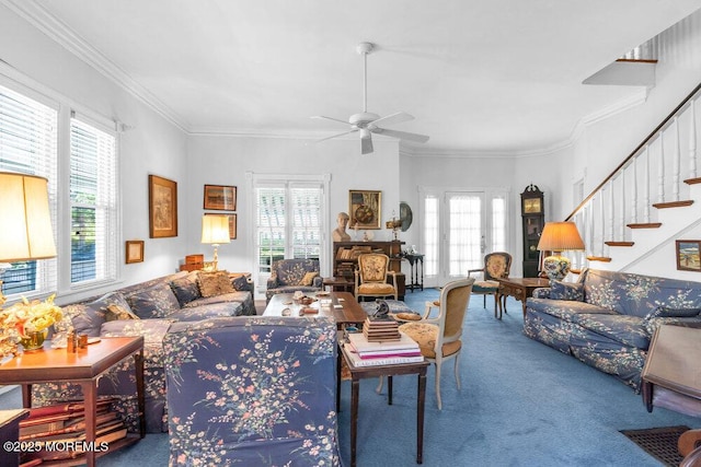 208 Ludlow Ave, Spring Lake, NJ 07762 - carpeted living area featuring ceiling fan, stairway, and ornamental molding
