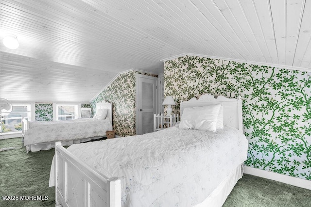 208 Ludlow Ave, Spring Lake, NJ 07762 - carpeted bedroom featuring wallpapered walls, baseboards, ornamental molding, wooden ceiling, and vaulted ceiling