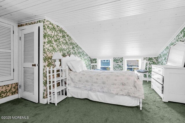 208 Ludlow Ave, Spring Lake, NJ 07762 - bedroom featuring wallpapered walls, carpet, wood ceiling, and crown molding
