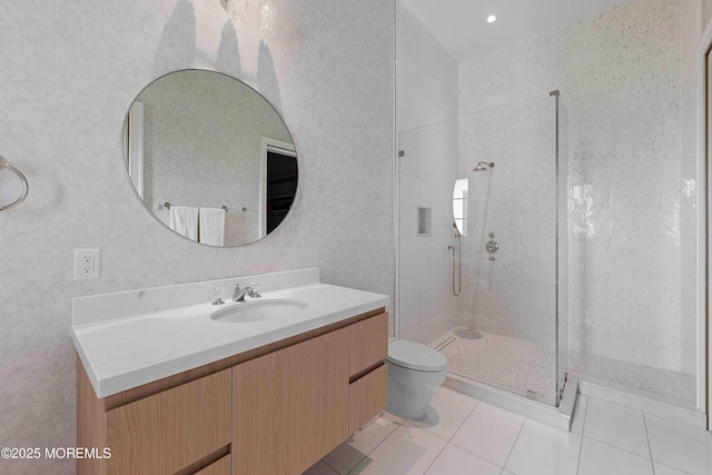 27 N Ward Ave, Rumson, NJ 07760 - bathroom featuring a stall shower, toilet, vanity, and tile patterned floors