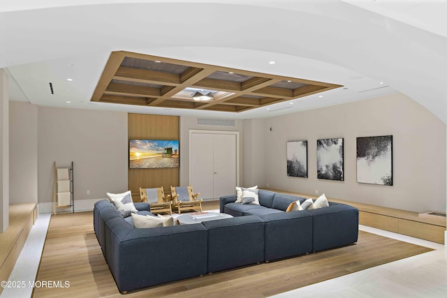 27 N Ward Ave, Rumson, NJ 07760 - living room featuring coffered ceiling, beamed ceiling, recessed lighting, and light wood finished floors