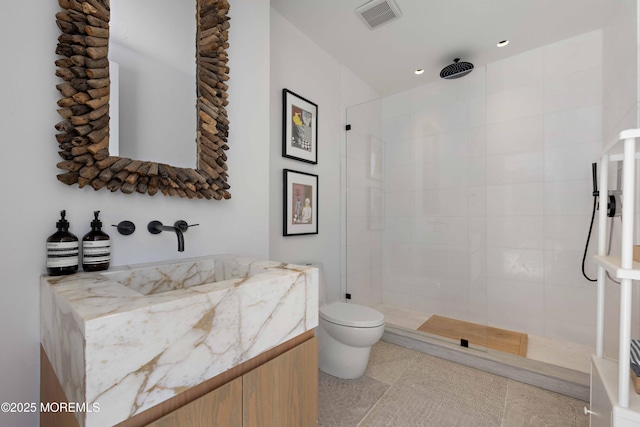 27 N Ward Ave, Rumson, NJ 07760 - full bathroom with vanity, a walk in shower, toilet, and recessed lighting