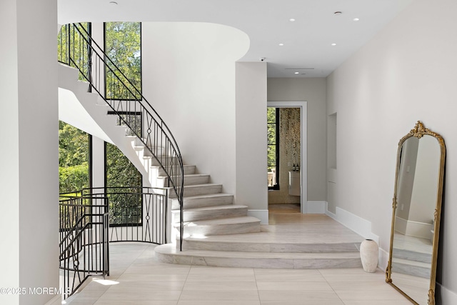 27 N Ward Ave, Rumson, NJ 07760 - foyer entrance with stairway, baseboards, recessed lighting, and tile patterned floors