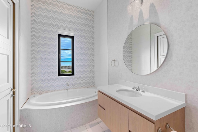 27 N Ward Ave, Rumson, NJ 07760 - full bathroom featuring vanity, a bath, tile patterned flooring, and wallpapered walls