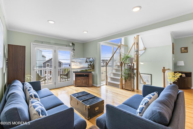 7 Beach Blvd, Highlands, NJ 07732 - living room featuring crown molding, healthy amount of natural light, light wood-style flooring, recessed lighting, and stairway