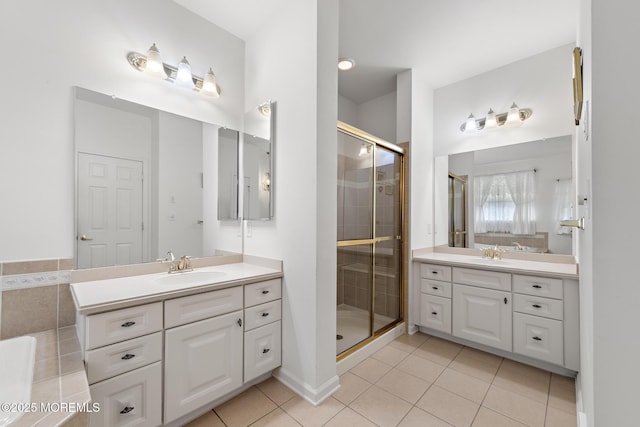 26 Masters Ct, Little Egg Harbor, NJ 08087 - full bath with tile patterned floors, a shower stall, and two vanities