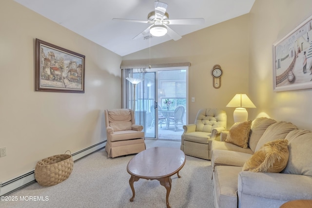 2299 Kira Ct, Toms River, NJ 08755 - carpeted living room with baseboard heating, lofted ceiling, and a ceiling fan