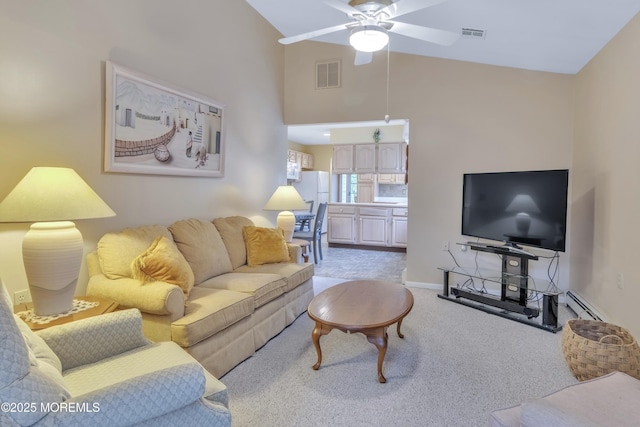 2299 Kira Ct, Toms River, NJ 08755 - living area featuring light colored carpet, ceiling fan, baseboards, high vaulted ceiling, and a baseboard radiator